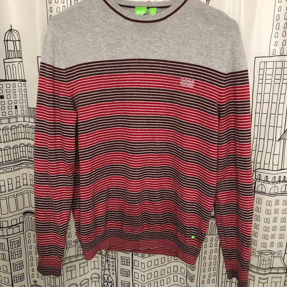 Boss Gray and Red Crewneck Sweater with Stripes